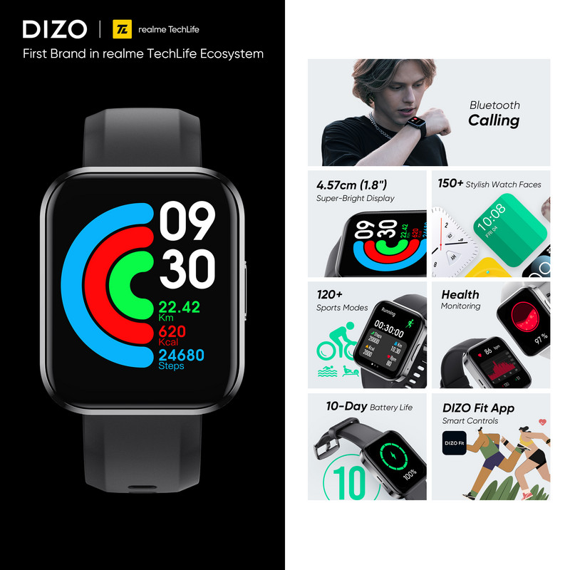 realme DIZO Watch D Talk Smart Watch 1,8-tolline ekraan Bluetoothi helistamisfunktsiooniga Sport Fitnessi nutikell naistele meestele