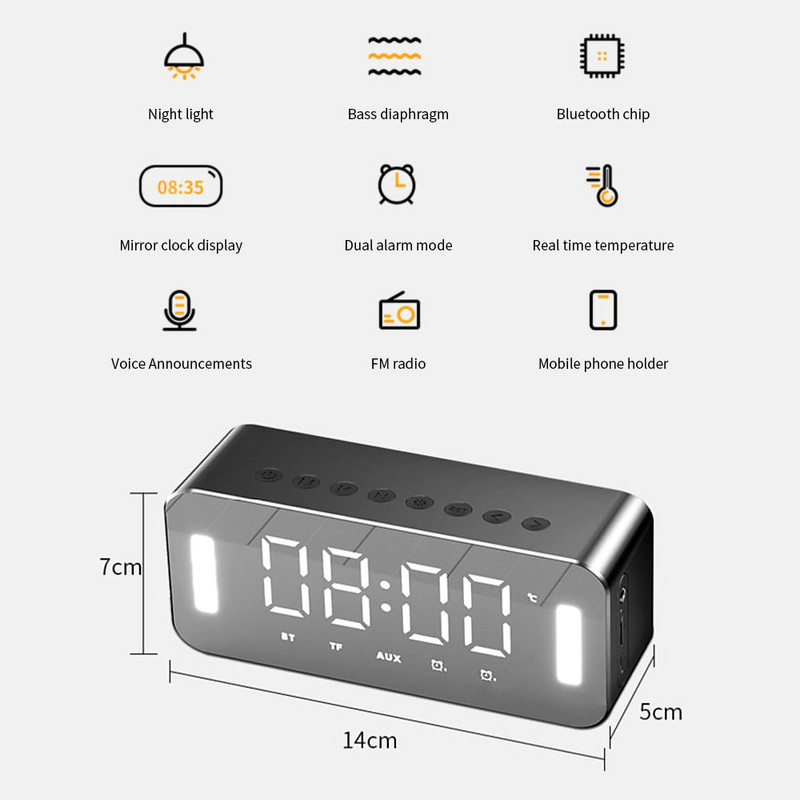 BT bežični zvučnik FM radio Ogledalo/Budilica/Noćno svjetlo/Senzor temperature Višenamjenski zvučnici Stereo Bas Music Player