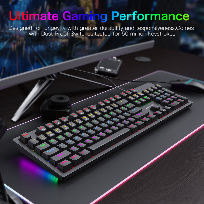 Mehāniskā tastatūra USB vadu spēļu tastatūra Rainbow aizmugurgaismojums 104 taustiņi pret spoku veidošanos zils sarkans slēdzis spēļu klēpjdatoram galddatoram