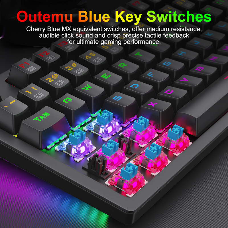 Mehāniskā tastatūra USB vadu spēļu tastatūra Rainbow aizmugurgaismojums 104 taustiņi pret spoku veidošanos zils sarkans slēdzis spēļu klēpjdatoram galddatoram