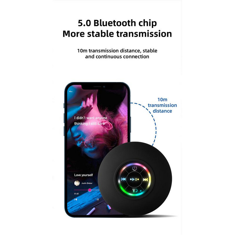 Difuzor Bluetooth rezistent la apă Difuzoare de baie Cutie de sunet fără fir neagră cu microfon RGB încorporat pentru casă
