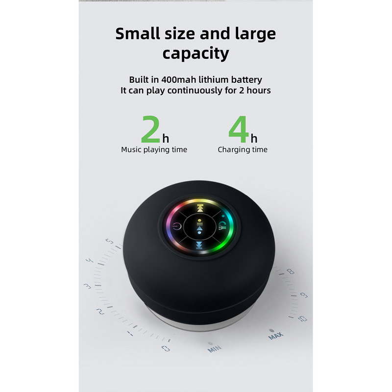 Difuzor Bluetooth rezistent la apă Difuzoare de baie Cutie de sunet fără fir neagră cu microfon RGB încorporat pentru casă