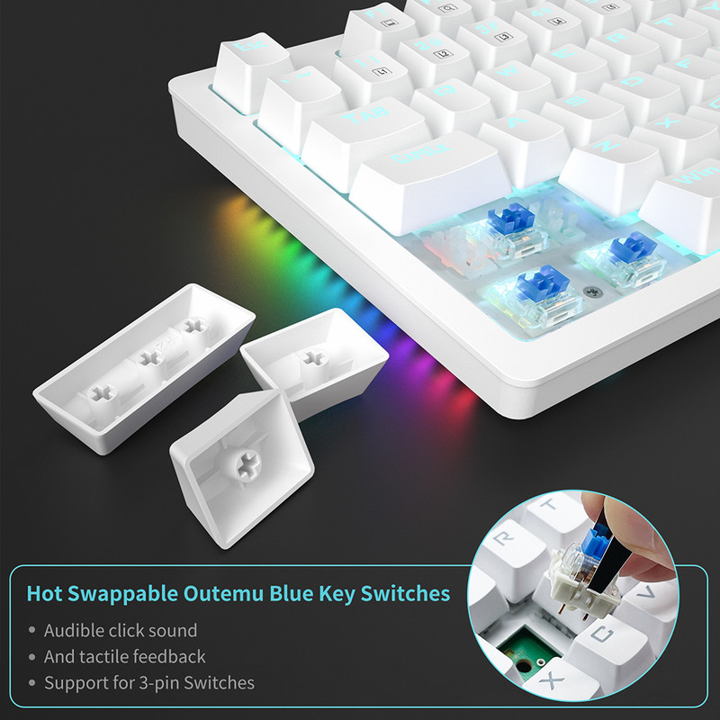 USB žičana mehanička igraća tipkovnica Bijela kapica tipki 87 tipki OUTEMU prekidač Plavo pozadinsko osvjetljenje RGB bočno svjetlo za Mac PC Windows XP/8/10