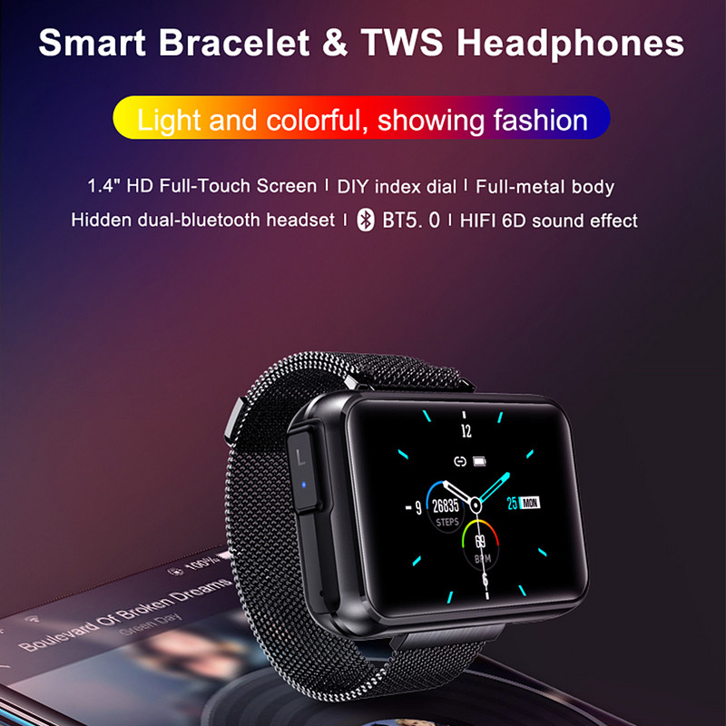 T91 Έξυπνο ρολόι 2 σε 1 TWS Ασύρματο ακουστικό Bluetooth Big DIY Screen Fitness Tracker καρδιακών παλμών Βραχιόλι Man Sports Smartwatch