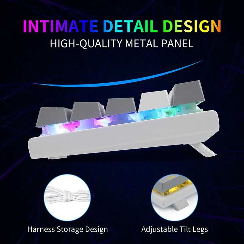 Mehāniskā spēļu tastatūra, zils slēdzis, 61 taustiņu spēļu tastatūra USB tipa C vadu tastatūra 20 režīmu RGB aizmugurgaismojums galddatora datora spēlētājam