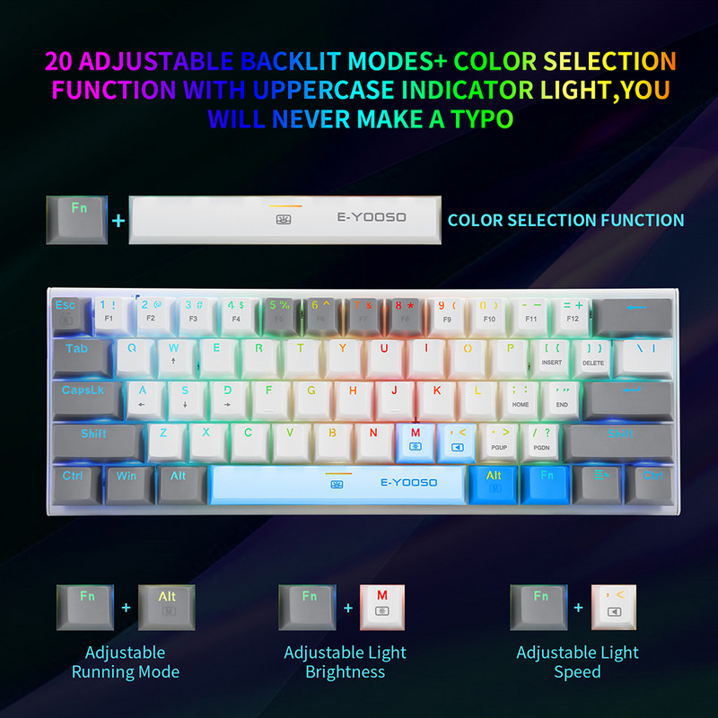 Mehāniskā spēļu tastatūra, zils slēdzis, 61 taustiņu spēļu tastatūra USB tipa C vadu tastatūra 20 režīmu RGB aizmugurgaismojums galddatora datora spēlētājam