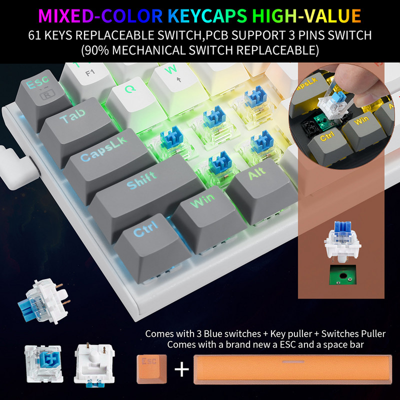 Mehāniskā spēļu tastatūra, zils slēdzis, 61 taustiņu spēļu tastatūra USB tipa C vadu tastatūra 20 režīmu RGB aizmugurgaismojums galddatora datora spēlētājam