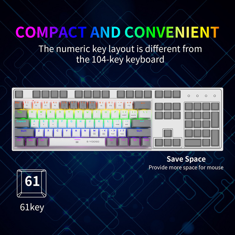 Mehāniskā spēļu tastatūra, zils slēdzis, 61 taustiņu spēļu tastatūra USB tipa C vadu tastatūra 20 režīmu RGB aizmugurgaismojums galddatora datora spēlētājam