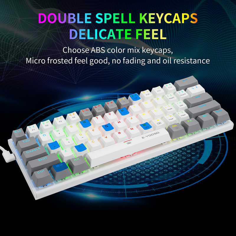 Mehāniskā spēļu tastatūra, zils slēdzis, 61 taustiņu spēļu tastatūra USB tipa C vadu tastatūra 20 režīmu RGB aizmugurgaismojums galddatora datora spēlētājam