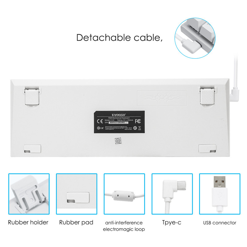 Mechanická klávesnica E-YOOSO Z-22 60% s 63 klávesmi, káblová herná klávesnica typu C s RGB podsvietením pre notebooky a stolné počítače.