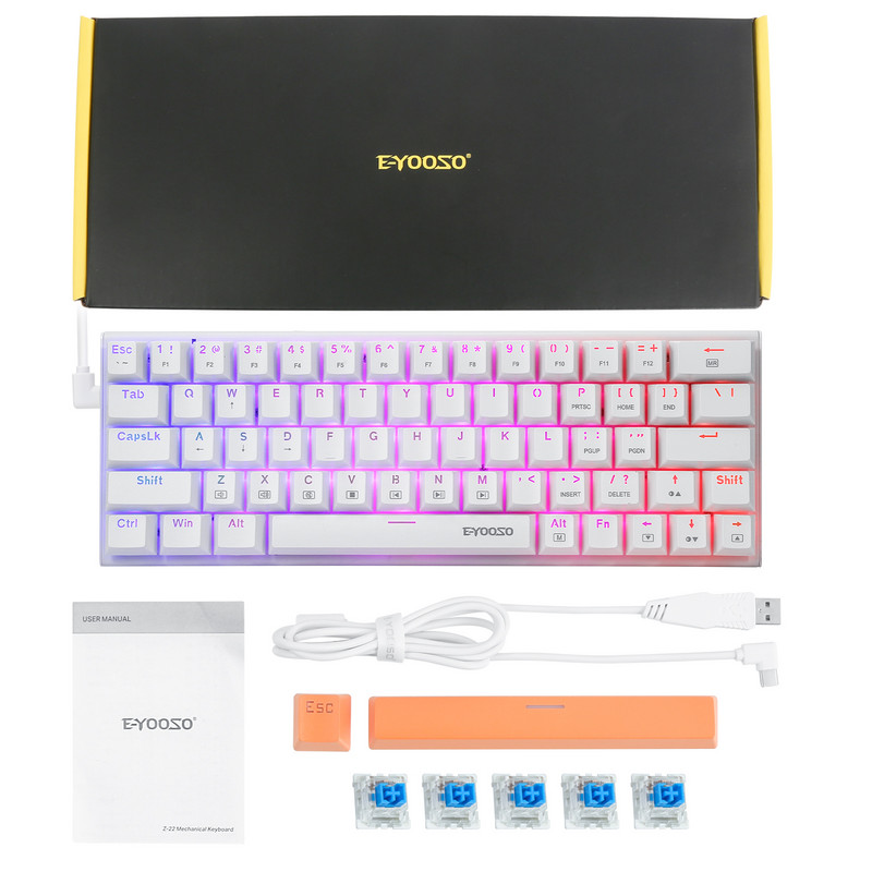 Mechanická klávesnica E-YOOSO Z-22 60% s 63 klávesmi, káblová herná klávesnica typu C s RGB podsvietením pre notebooky a stolné počítače.
