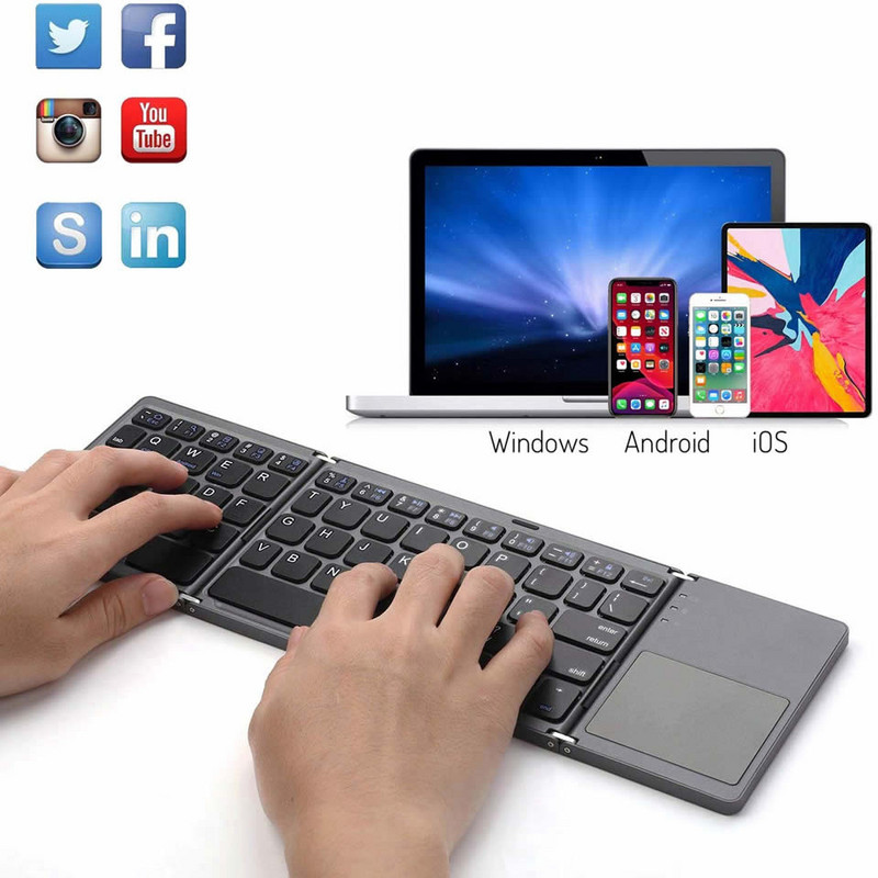 OUTMIX új hordozható mini három összecsukható Bluetooth billentyűzet, vezeték nélküli összecsukható érintőpad billentyűzet IOS Android Windows ipad táblagéphez