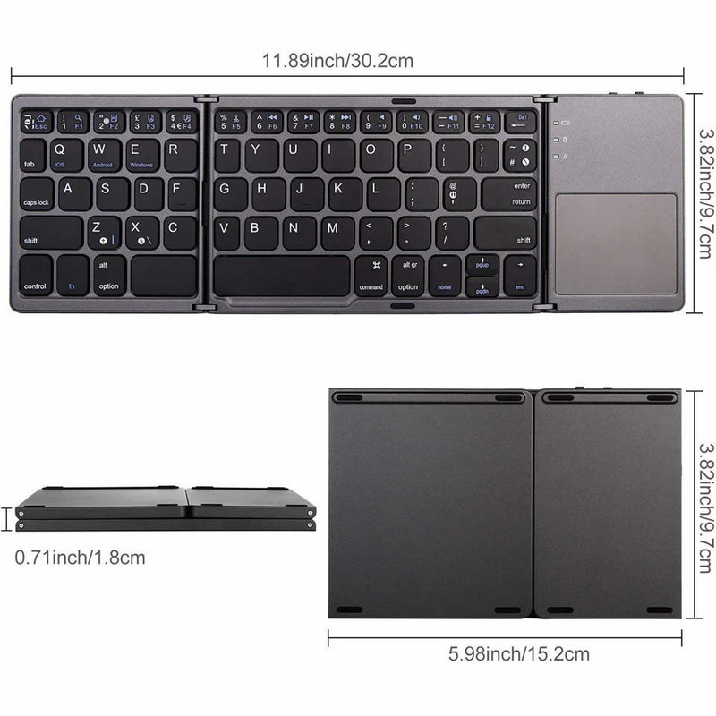 OUTMIX új hordozható mini három összecsukható Bluetooth billentyűzet, vezeték nélküli összecsukható érintőpad billentyűzet IOS Android Windows ipad táblagéphez