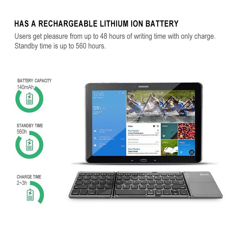 Pārnēsājama saliekamā bezvadu tastatūra krievu valodā uzlādējama salokāma skārienpaliktņa tastatūra operētājsistēmai IOS Android Windows atbalsts Bluetooth