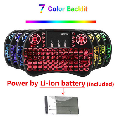 VONTAR i8 + 2.4G Mini vezeték nélküli billentyűzet 7 színben, háttérvilágítással angol orosz érintőpados kézi levegős egér Android TV Box x96 mini készülékhez