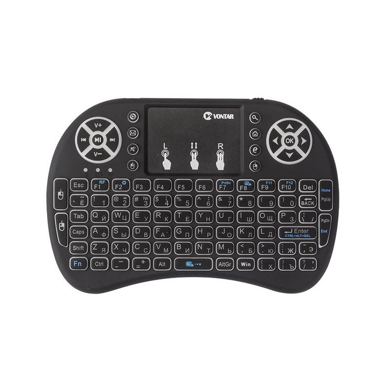 VONTAR i8 + 2.4G Mini vezeték nélküli billentyűzet 7 színben, háttérvilágítással angol orosz érintőpados kézi levegős egér Android TV Box x96 mini készülékhez