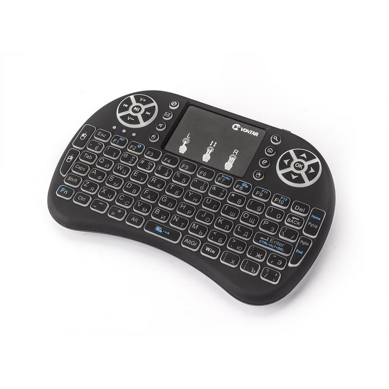 VONTAR i8 + 2.4G Mini vezeték nélküli billentyűzet 7 színben, háttérvilágítással angol orosz érintőpados kézi levegős egér Android TV Box x96 mini készülékhez