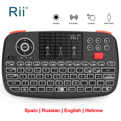 Rii i4 2.4G Mini BT klaviatūra Rusų anglų Ispanija Belaidės klaviatūros su apšviesta oro pele, skirta Windows Android
