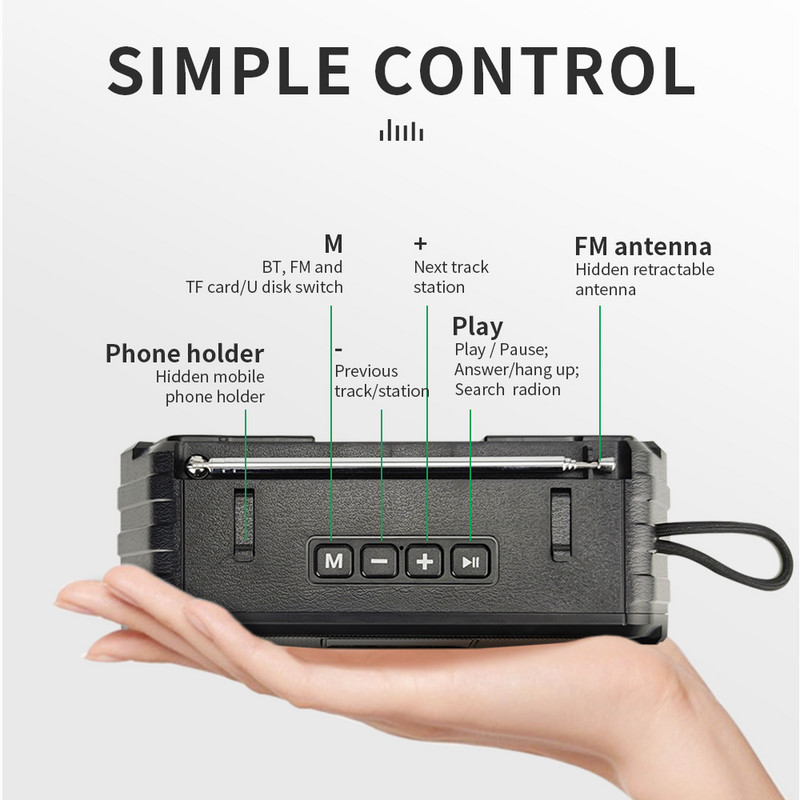 Difuzor wireless Radio FM compatibil cu Bluetooth Difuzor de exterior Subwoofer Suport Difuzoare pe coloană TF Cutie muzicală