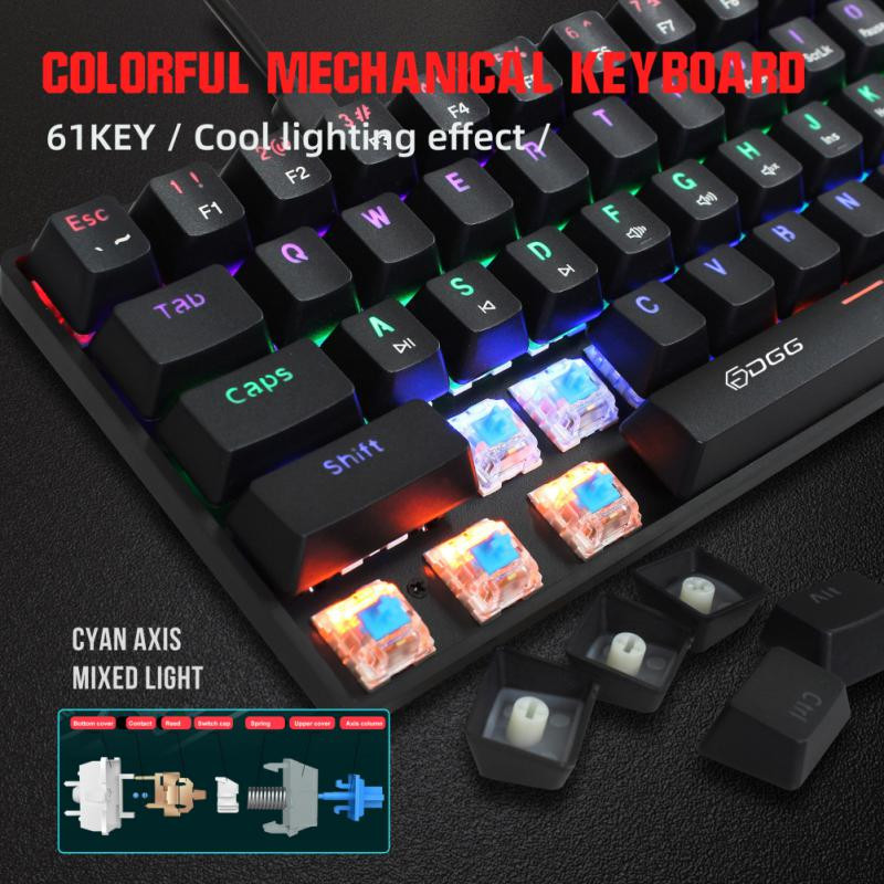RYRA Gaming Mechanical Keyboard 61 Key Kék kapcsoló USB RGB háttérvilágítású vezetékes billentyűzet Hotswap Type-C vezetékes játékbillentyűzet Ergonomikus