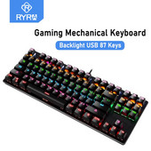 Herná klávesnica RYRA s podsvietením, USB, 87 gumených kláves, RGB káblová ergonomická ruská klávesnica pre PC a notebooky
