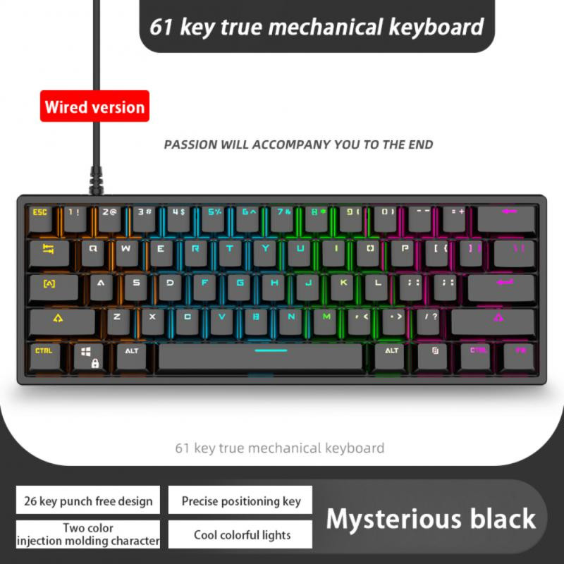Tastatură mecanică pentru jocuri RYRA, cu 61 de taste, comutator albastru, tastatură mecanică cu iluminare din spate LED, mini tastatură pentru gamer, pentru computer, laptop, jucător