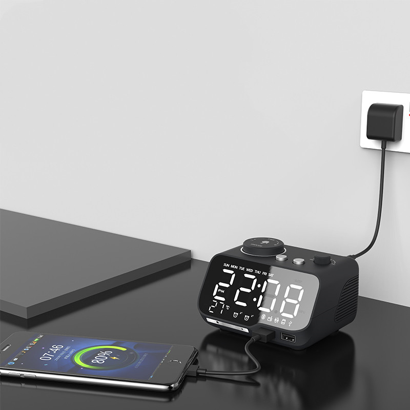 EXRIZU M9 Glazba Bluetooth zvučnik Snooze Digitalni FM radio Stolni alarm 1A+2A Sat USB Punjač TF Player za iPhone Android