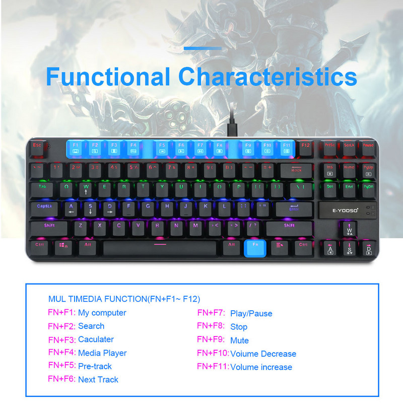 E-YOOSO K630 Rainbow USB Mehanička tipkovnica za igranje Plavi prekidač Led pozadinsko osvjetljenje 87 tipki Žičano računalo Računalo prijenosno igra Russian nas