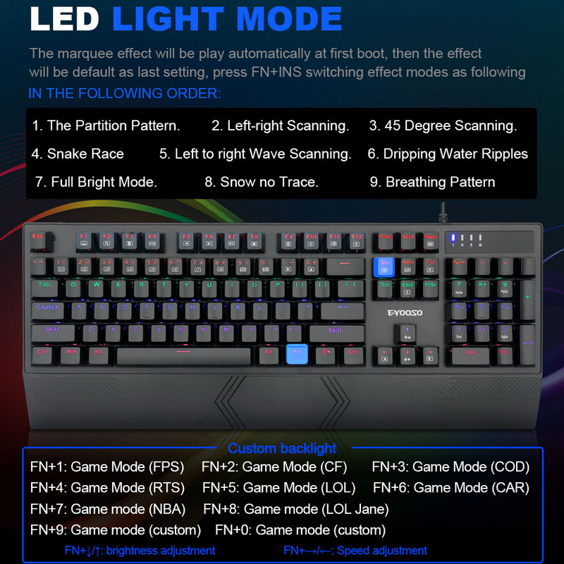 E-YOOSO K-662 Rainbow USB mehanička gaming tipkovnica sa 104 tipke s pozadinskim osvjetljenjem za igre za računalo PC ruske američke tipke