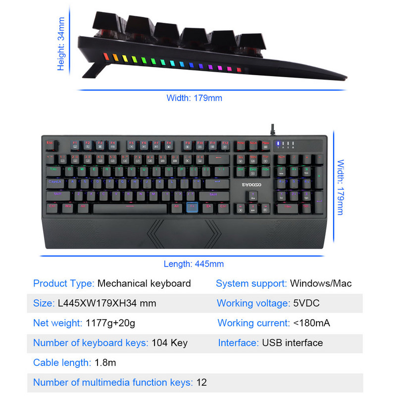 E-YOOSO K-662 Rainbow USB mehanička gaming tipkovnica sa 104 tipke s pozadinskim osvjetljenjem za igre za računalo PC ruske američke tipke