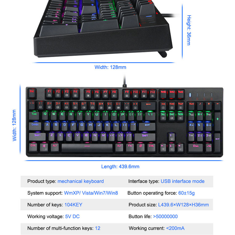 E-YOOSO X-8100 Rainbow USB mechanikus játékbillentyűzet kék kapcsoló 104 gombos háttérvilágítású gamer számítógépes PC-hez