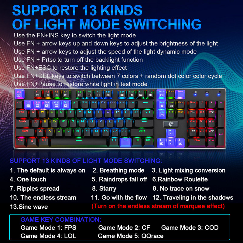 E-YOOSO Z-88 RGB FALCON USB mehanička gaming tipkovnica plavi prekidač 104 tipke s pozadinskim osvjetljenjem za igrače za računala PC ruske us tipke