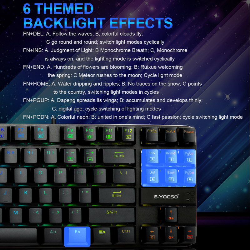 E-YOOSO K630 RGB USB Mehanička Gaming Tipkovnica Plavi prekidač Led pozadinsko osvjetljenje 87 tipki Žičano PC Računalo Laptop Igra Russian us