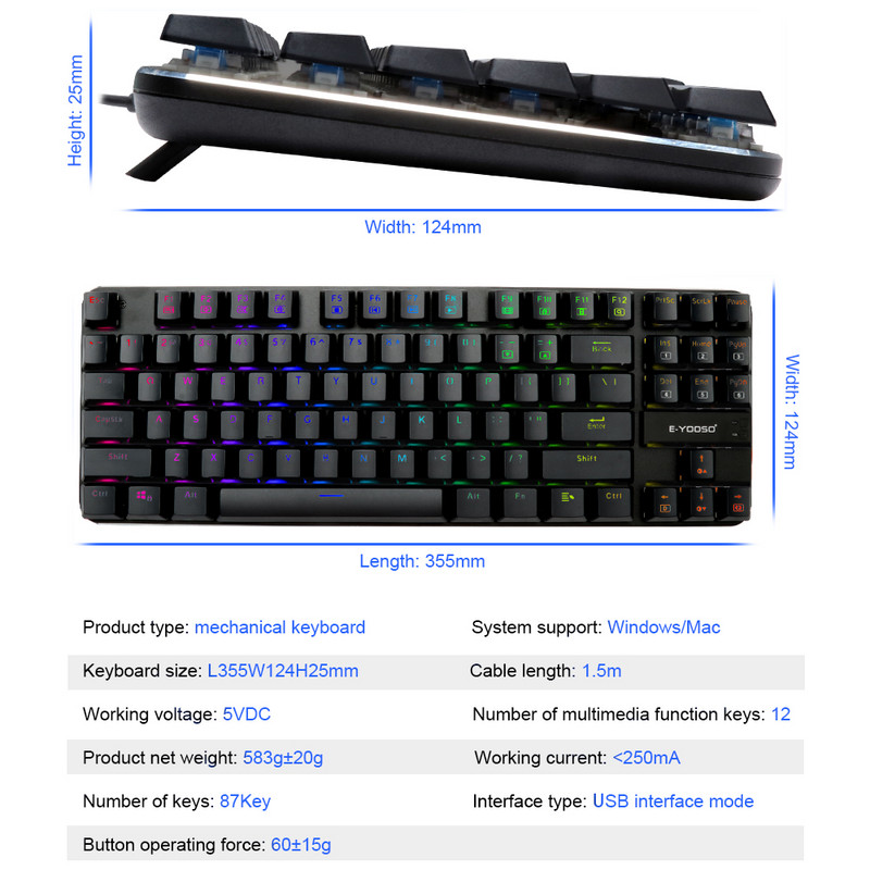 E-YOOSO K630 RGB USB Mehanička Gaming Tipkovnica Plavi prekidač Led pozadinsko osvjetljenje 87 tipki Žičano PC Računalo Laptop Igra Russian us