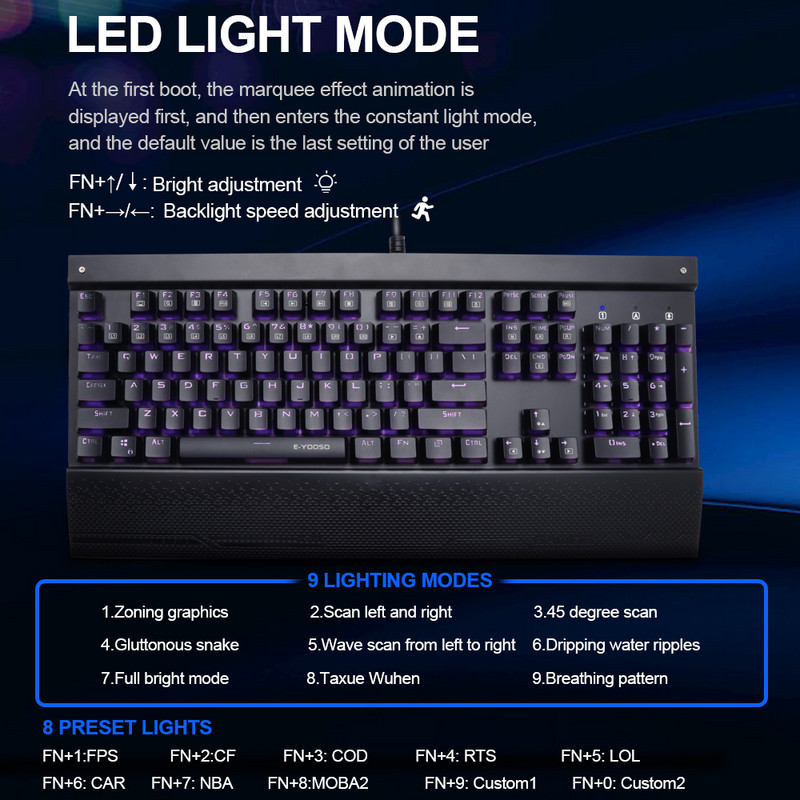 E-YOOSO X-7100 FALCON Tastatură mecanică pentru jocuri USB Comutator albastru 104 taste Gamer cu iluminare din spate pentru computer PC Rusă noi