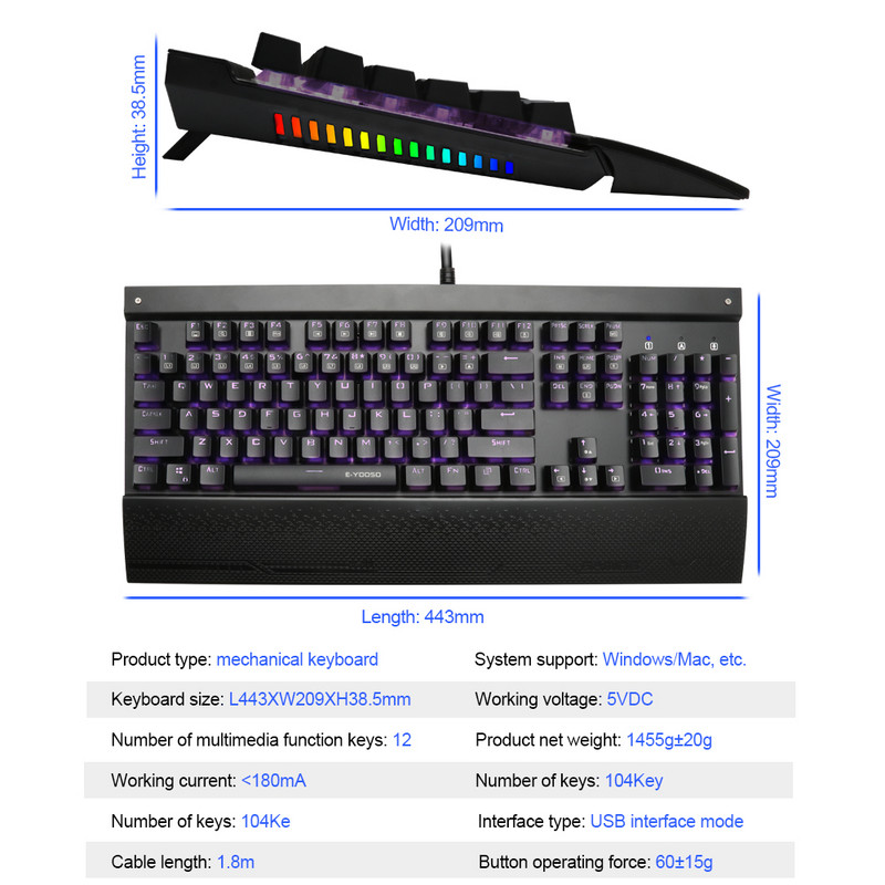 E-YOOSO X-7100 FALCON Tastatură mecanică pentru jocuri USB Comutator albastru 104 taste Gamer cu iluminare din spate pentru computer PC Rusă noi