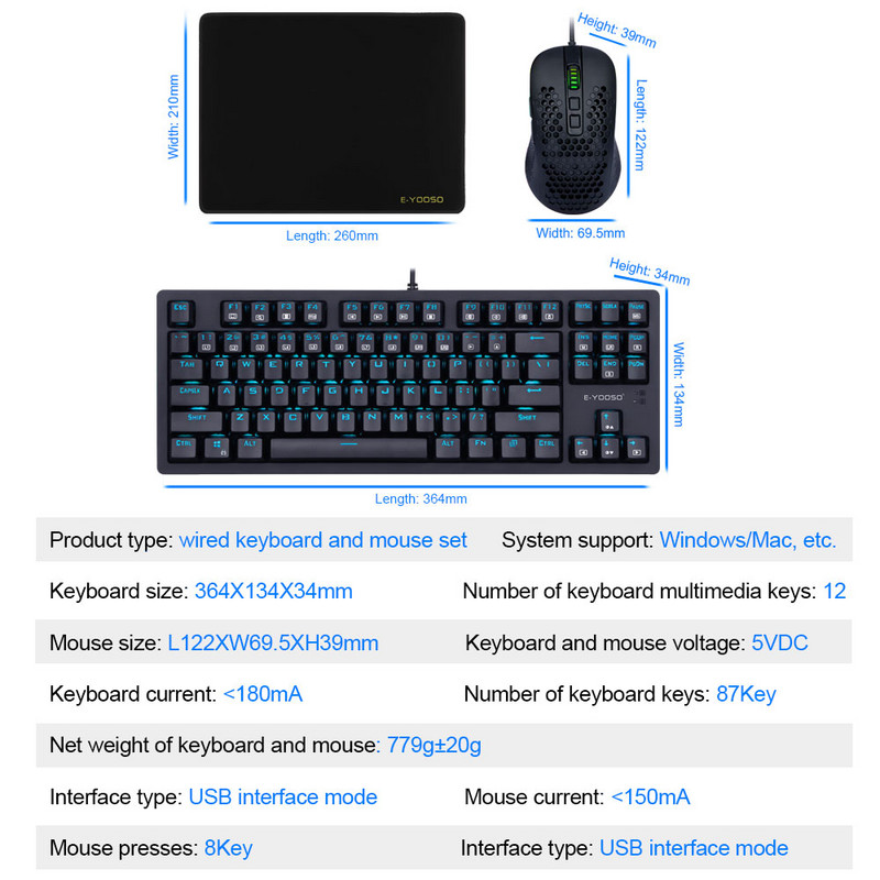 E-YOOSO Z-737 USB Gaming Mehanička tipkovnica Kombinacije podloge za miša 87 tipki 8000 DPI 5 tipki Set miševa Žičana računalna PC igra