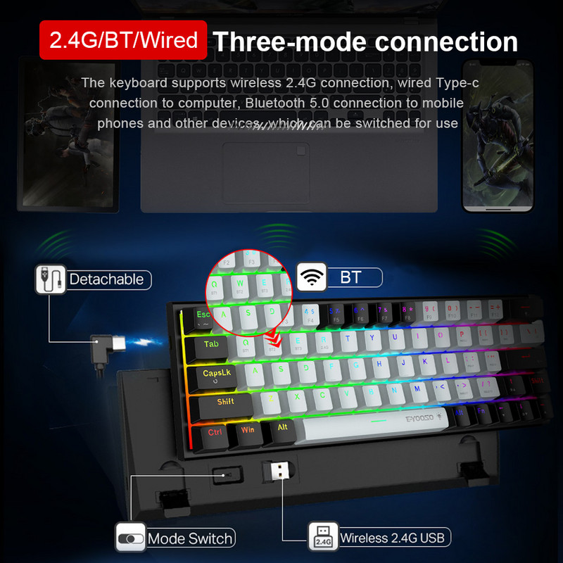 E-YOOSO Z11 RGB USB tugi Bluetoothi juhtmevaba USB 2.4G 3 režiimiga mehaaniline mänguklaviatuur Punane sinine lüliti 63 klahvi arvutiarvuti jaoks
