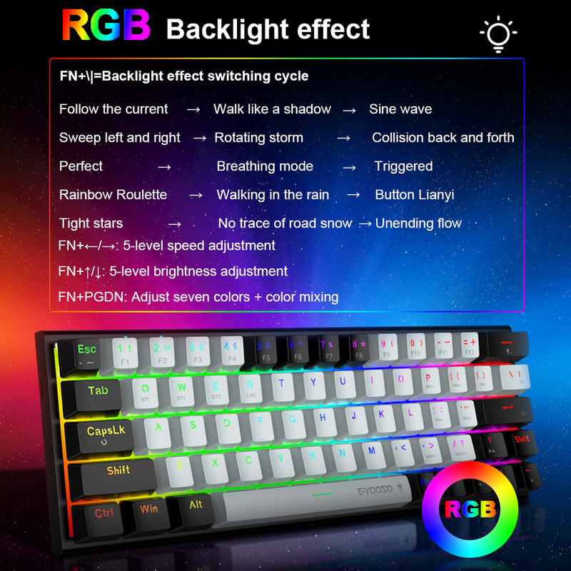 E-YOOSO Z11 RGB USB tugi Bluetoothi juhtmevaba USB 2.4G 3 režiimiga mehaaniline mänguklaviatuur Punane sinine lüliti 63 klahvi arvutiarvuti jaoks