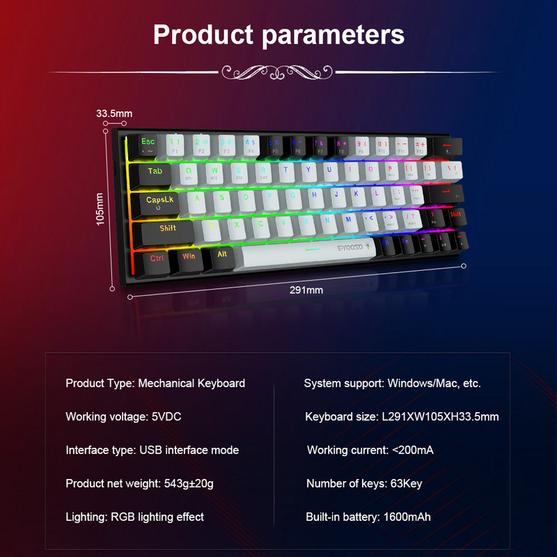 E-YOOSO Z11 RGB USB tugi Bluetoothi juhtmevaba USB 2.4G 3 režiimiga mehaaniline mänguklaviatuur Punane sinine lüliti 63 klahvi arvutiarvuti jaoks