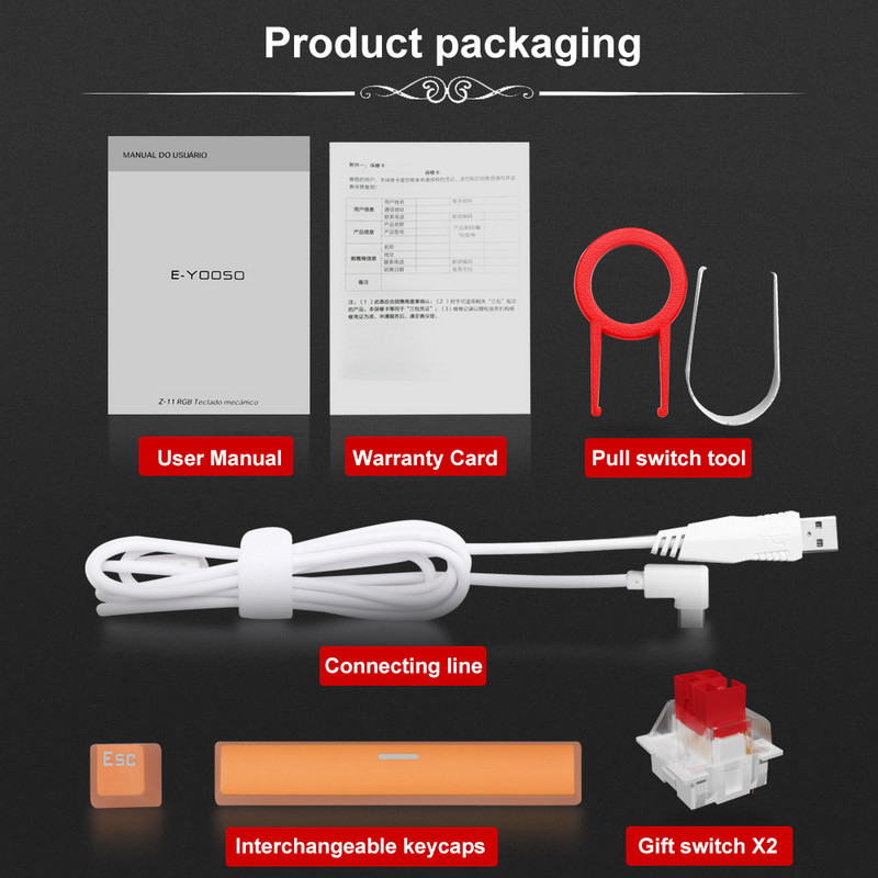 E-YOOSO Z11 RGB USB tugi Bluetoothi juhtmevaba USB 2.4G 3 režiimiga mehaaniline mänguklaviatuur Punane sinine lüliti 63 klahvi arvutiarvuti jaoks