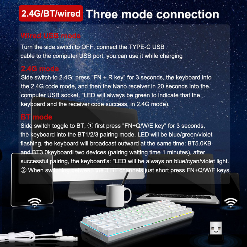 E-YOOSO Z686 RGB USB mehāniskā spēļu tastatūra Atbalsts Bluetooth bezvadu 2.4G Red Switch 68 Keys noņemams kabelis Compute