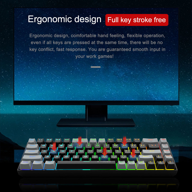 E-YOOSO Z686 RGB USB mehāniskā spēļu tastatūra Atbalsts Bluetooth bezvadu 2.4G Red Switch 68 Keys noņemams kabelis Compute