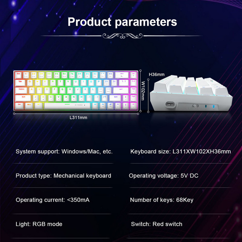 E-YOOSO Z686 RGB USB mehāniskā spēļu tastatūra Atbalsts Bluetooth bezvadu 2.4G Red Switch 68 Keys noņemams kabelis Compute