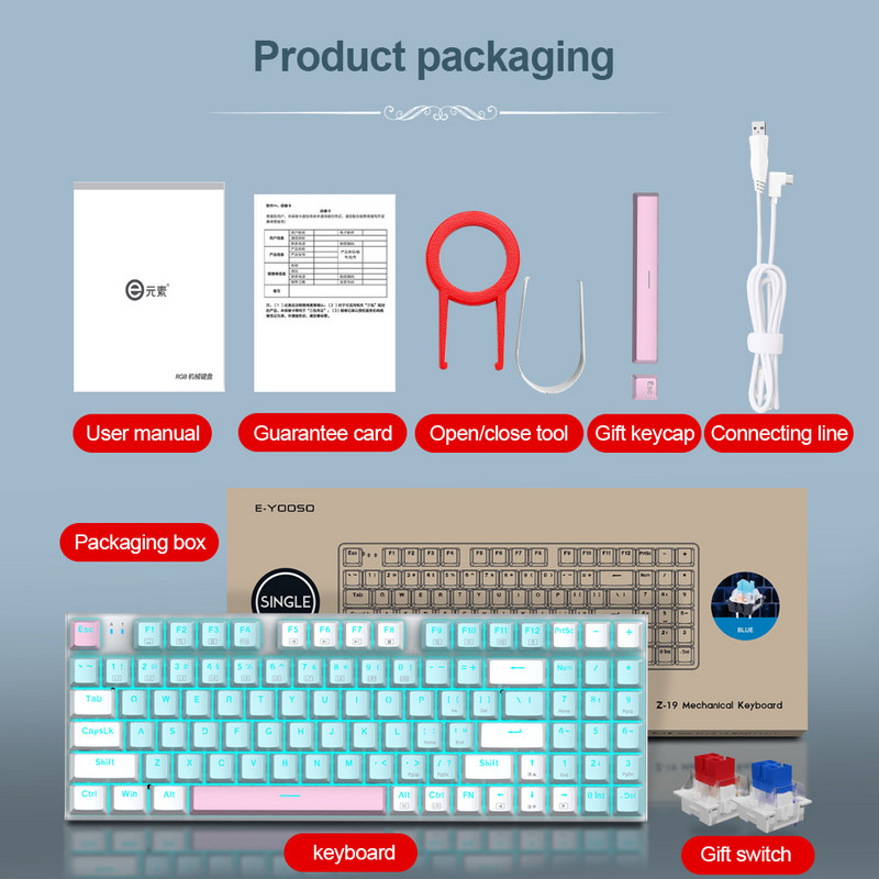 E-YOOSO Z19 USB mechanikus játékbillentyűzet kék piros kapcsoló 94 gombos vezetékes levehető kábel Compute Laptop PC-hez