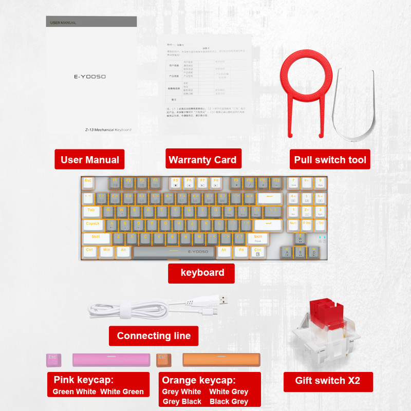 E-YOOSO Z13 USB mehāniskā spēļu tastatūra zila sarkana slēdzis 89 taustiņi vadu noņemams kabelis Gamer datoram