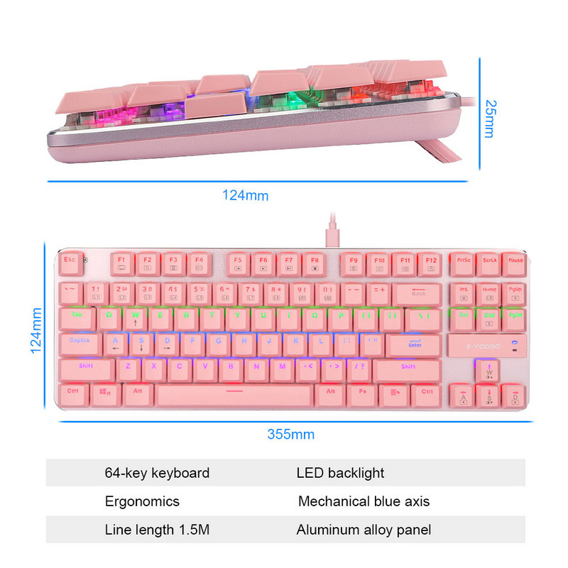 E-YOOSO Z66 Rainbow USB Mehanička tipkovnica za igranje Plavi prekidač Led pozadinsko osvjetljenje 87 tipki Žičana PC Računalo prijenosna igra