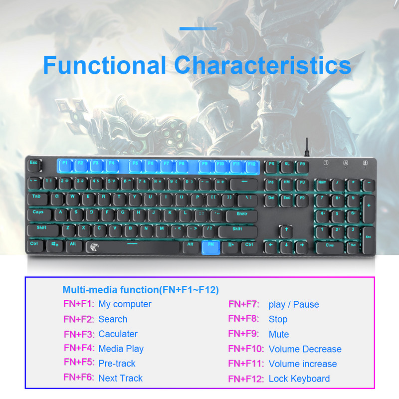 E-YOOSO OA2 USB mehāniskā spēļu tastatūra, zils slēdzis 104 taustiņu aizmugurgaismojuma atskaņotājs datoram