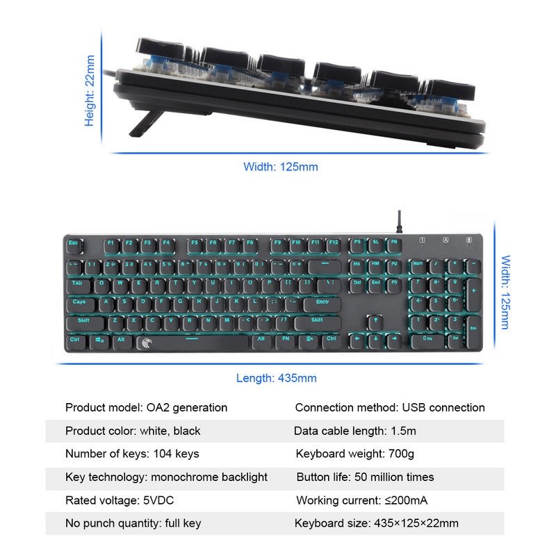 E-YOOSO OA2 USB mehāniskā spēļu tastatūra, zils slēdzis 104 taustiņu aizmugurgaismojuma atskaņotājs datoram