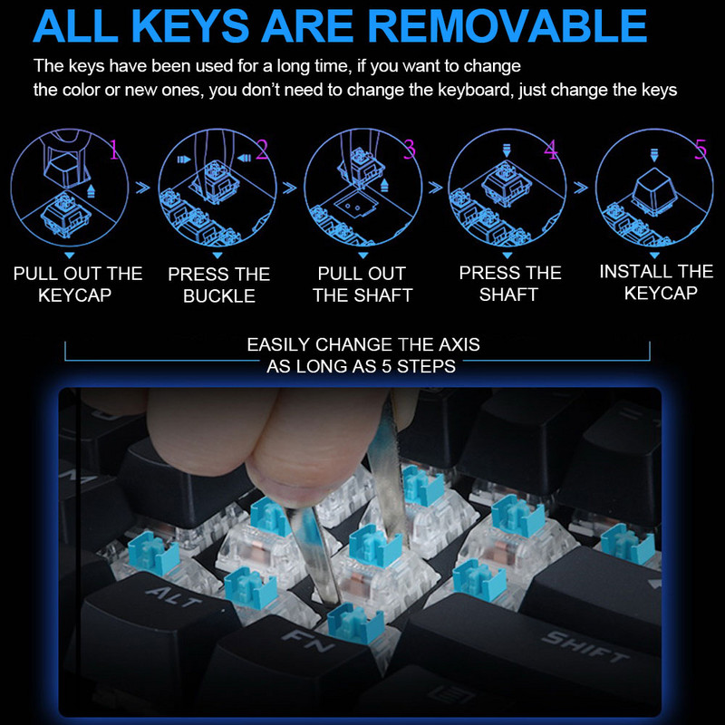 E-YOOSO K610 Tastatură mecanică pentru jocuri USB, comutator albastru, 104 taste, iluminat din spate, pentru computer, PC, jucător rus, noi